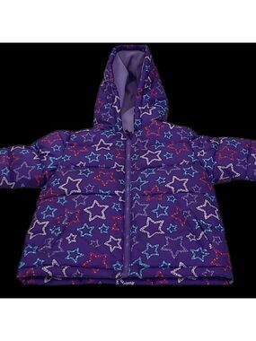 Faded Glory Toddler Puffer Jacket 24M Purple Star Print Hooded Winter Coat NWOT